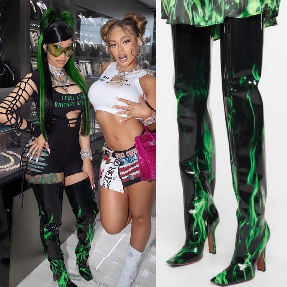 New VETEMENTS Boomerang Patent Leather Over-the-KneeBoots In Green